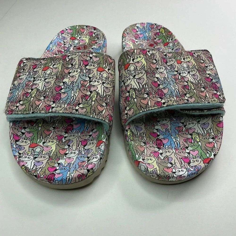 Skechers Multicolor BOBS Dog Print Kids 6 Slides 113735 Plush Foam Sandals